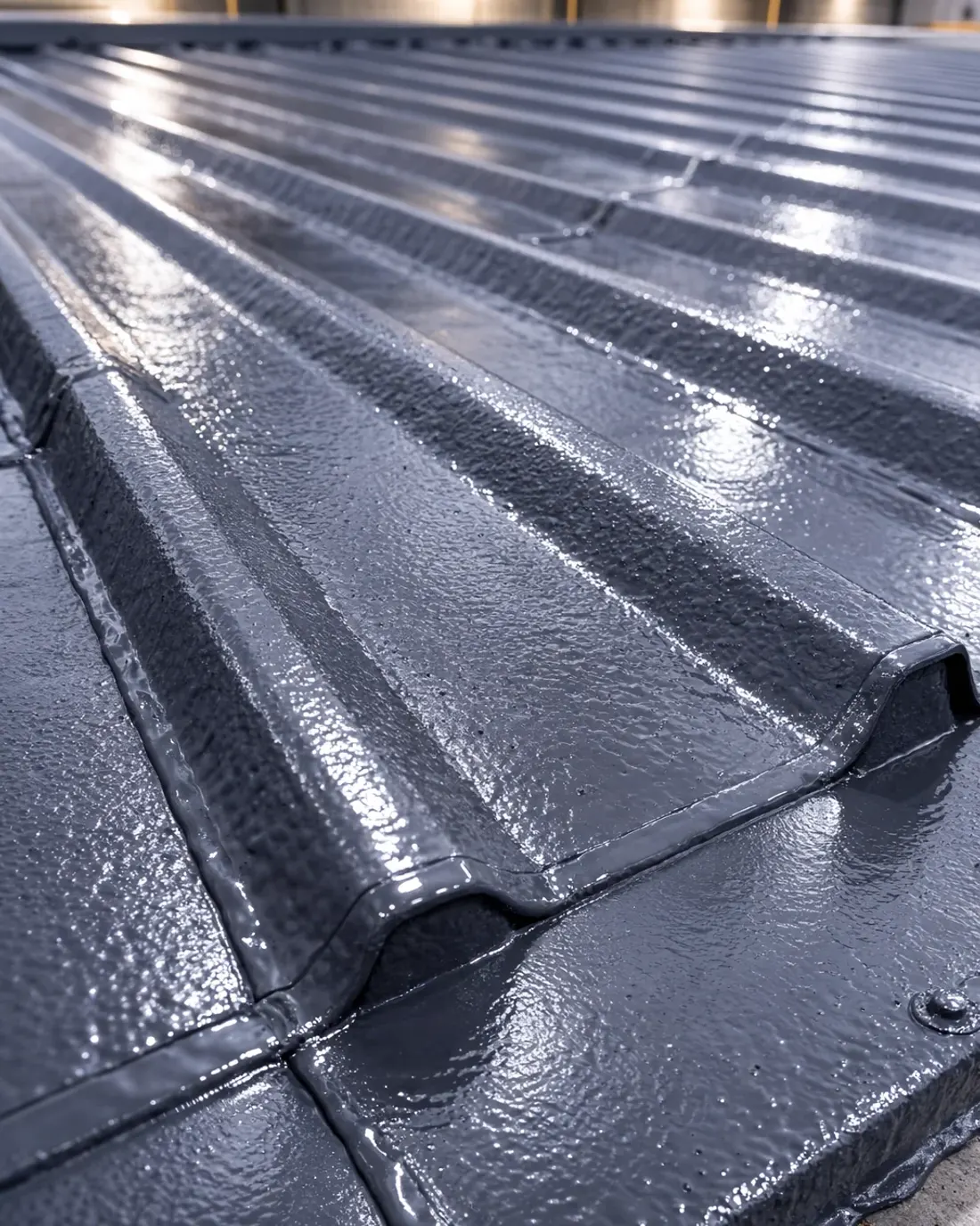 Close-up of a glossy grey waterproof membrane sealed along a flat roof corrugation and seam