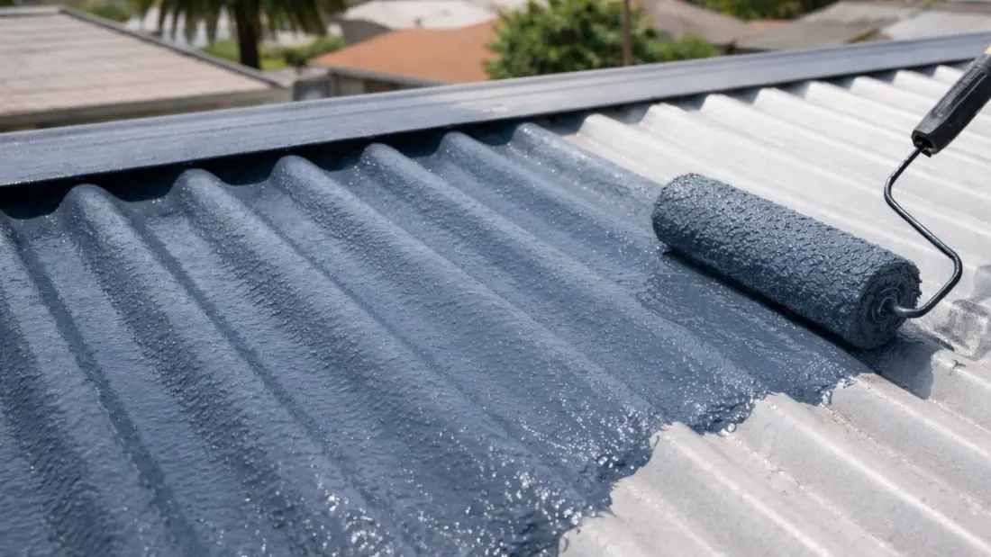 Roller applying grey rubberized waterproof coating to a corrugated metal roof, mid-application