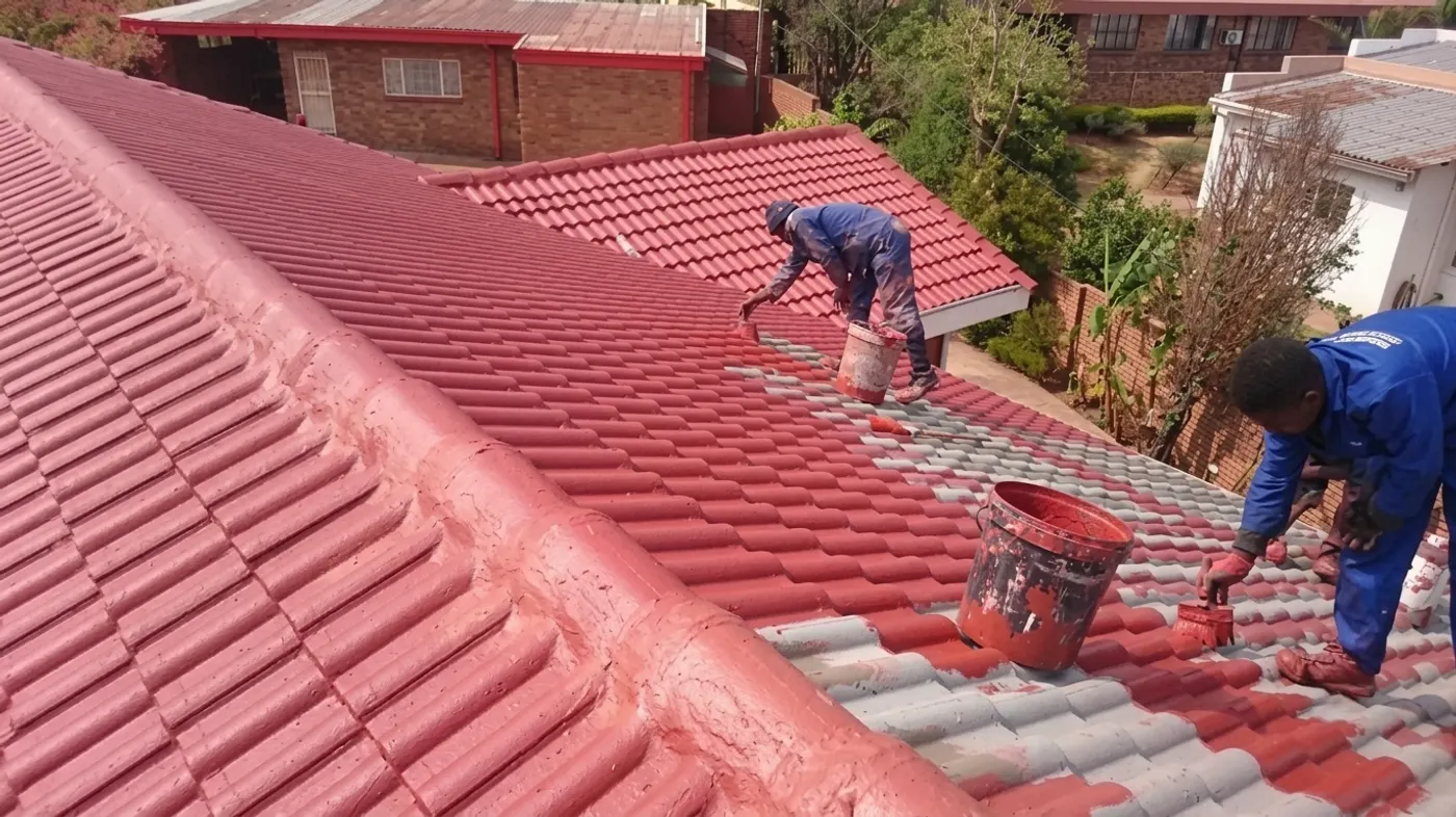 Two roofing technicians applying waterproof coating to a tiled roof on a home in the Bellville area